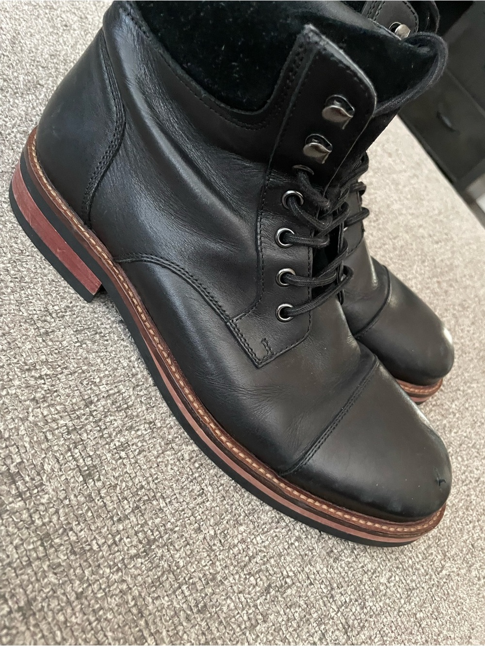Express Black Leather Lace-Up Ankle Boots with Brown Stacked Sole